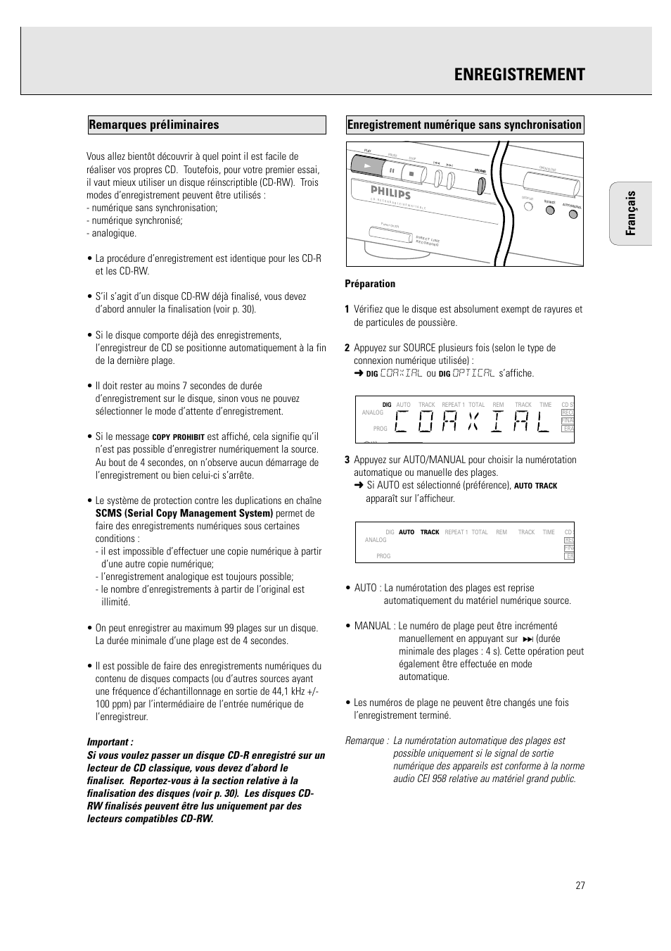 Enregistrement, Coaxial ou | Philips CDR760BK User Manual | Page 29 / 54