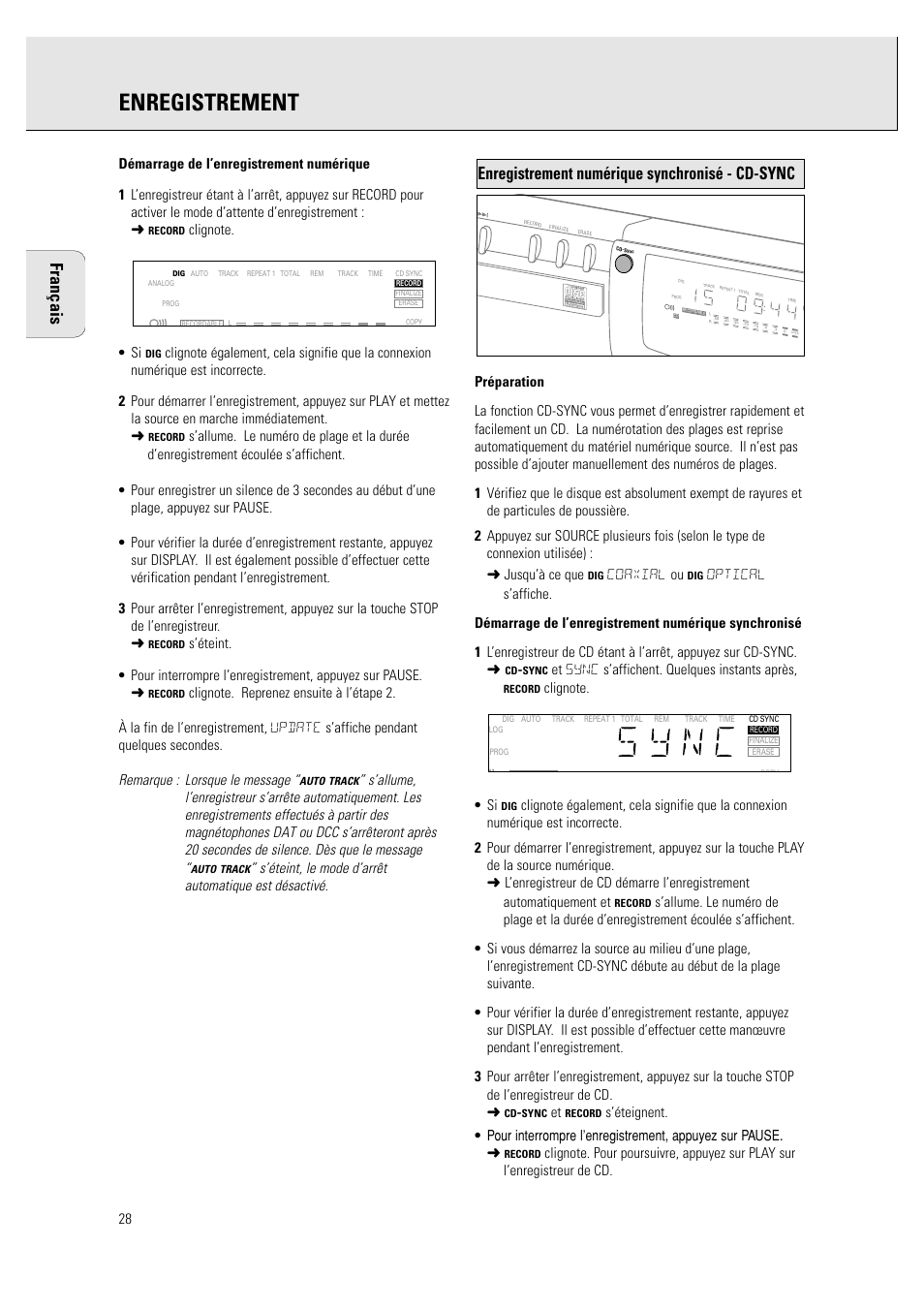 Enregistrement, Enregistrement numérique synchronisé - cd-sync, Français | Coaxial ou, Et sync s’affichent. quelques instants après | Philips CDR760BK User Manual | Page 30 / 54