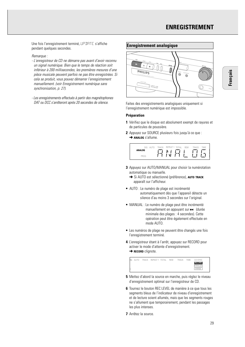 Enregistrement, Enregistrement analogique français | Philips CDR760BK User Manual | Page 31 / 54