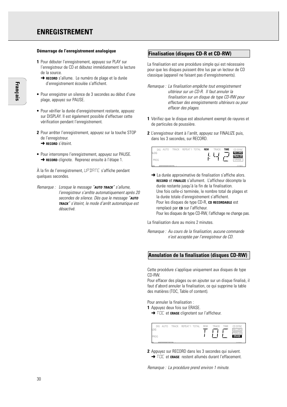 Enregistrement, Annulation de la finalisation (disques cd-rw), Finalisation (disques cd-r et cd-rw) français | Philips CDR760BK User Manual | Page 32 / 54