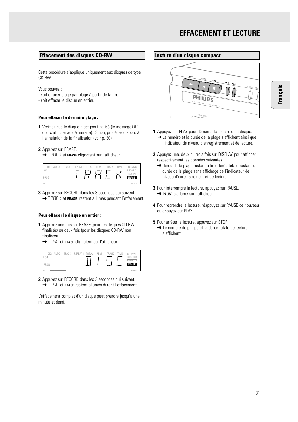 Effacement et lecture, Lecture d’un disque compact, Effacement des disques cd-rw français | Philips CDR760BK User Manual | Page 33 / 54