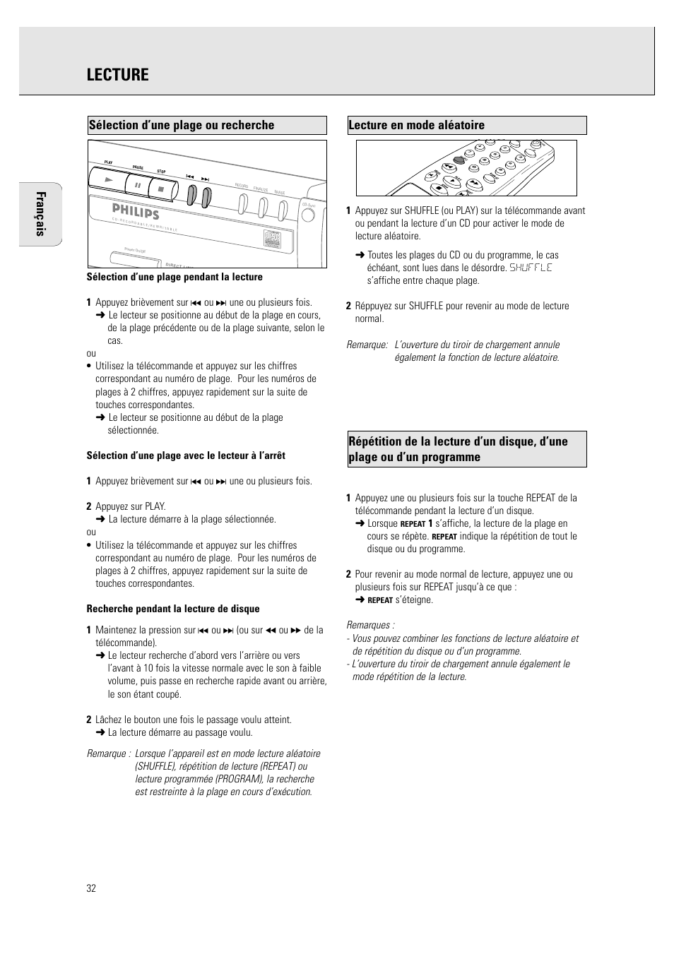 Lecture, Lecture en mode aléatoire, Sélection d’une plage ou recherche français | Philips CDR760BK User Manual | Page 34 / 54