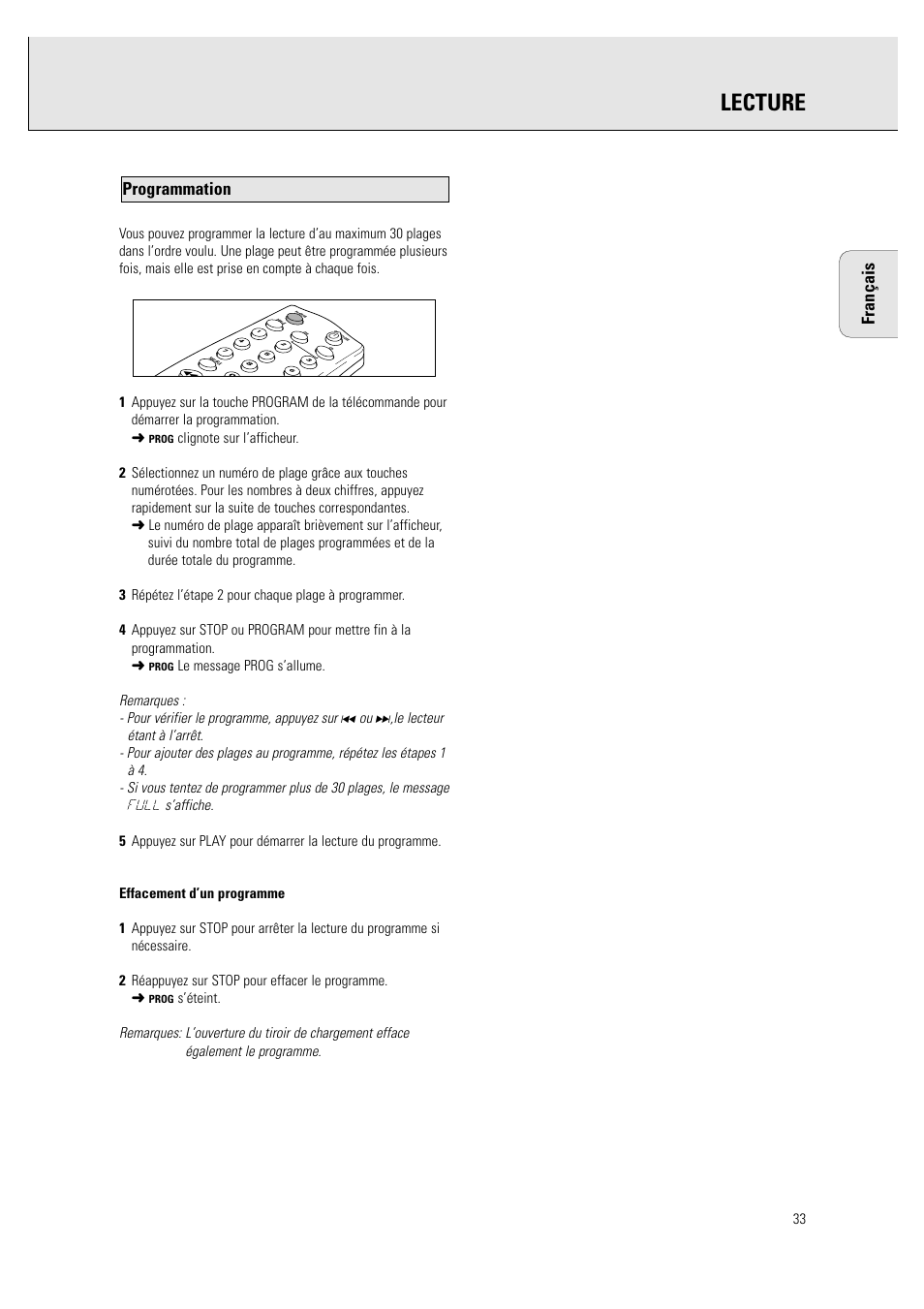 Lecture, Français, Programmation | Philips CDR760BK User Manual | Page 35 / 54