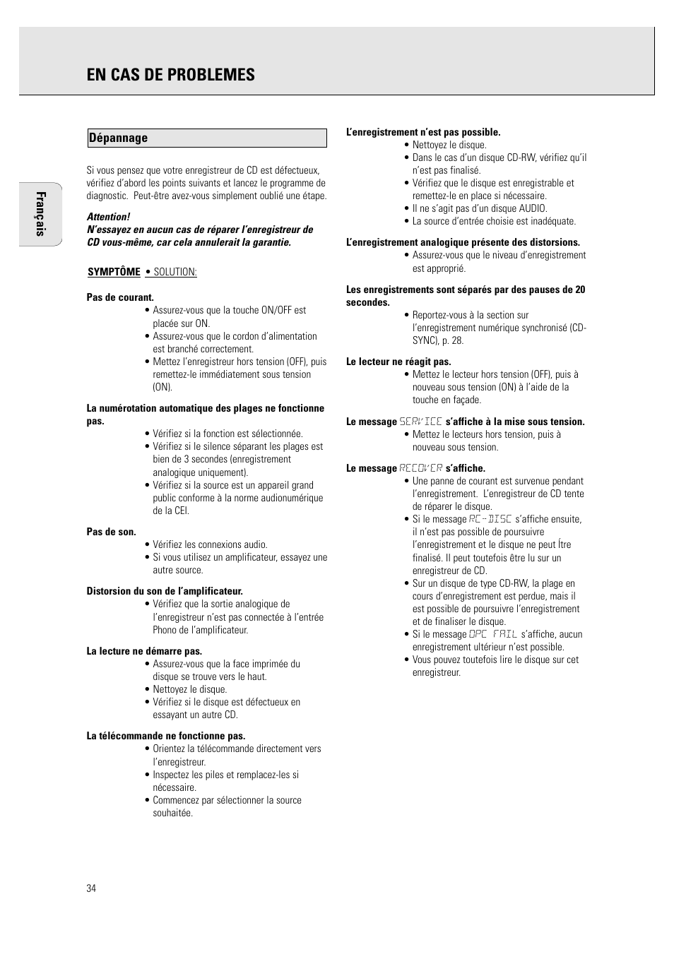 En cas de problemes | Philips CDR760BK User Manual | Page 36 / 54