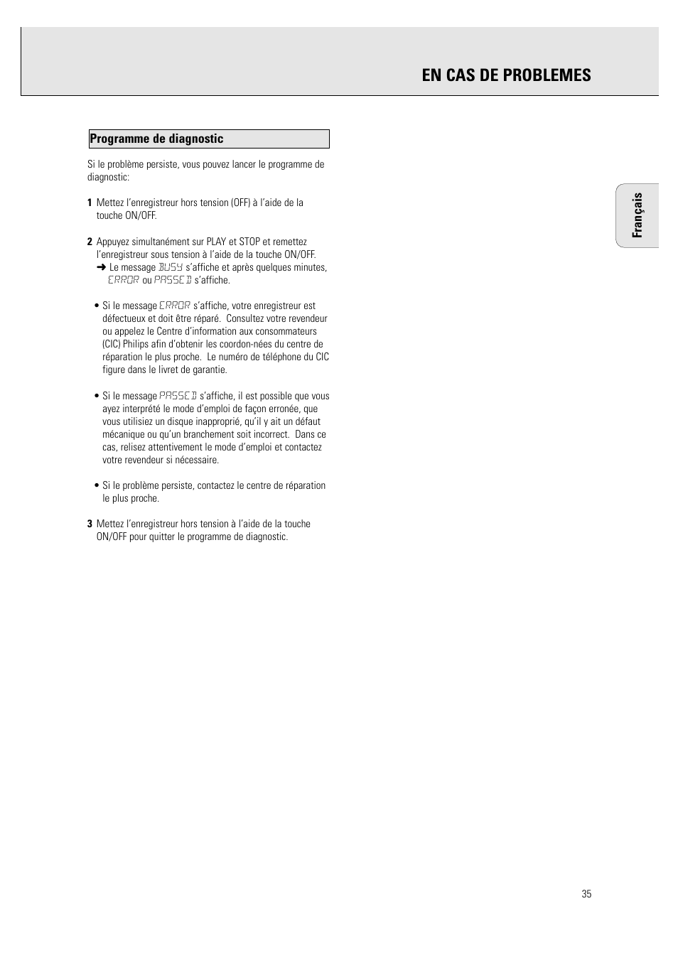 En cas de problemes | Philips CDR760BK User Manual | Page 37 / 54