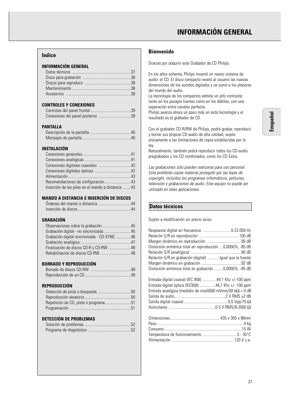 Información general | Philips CDR760BK User Manual | Page 39 / 54