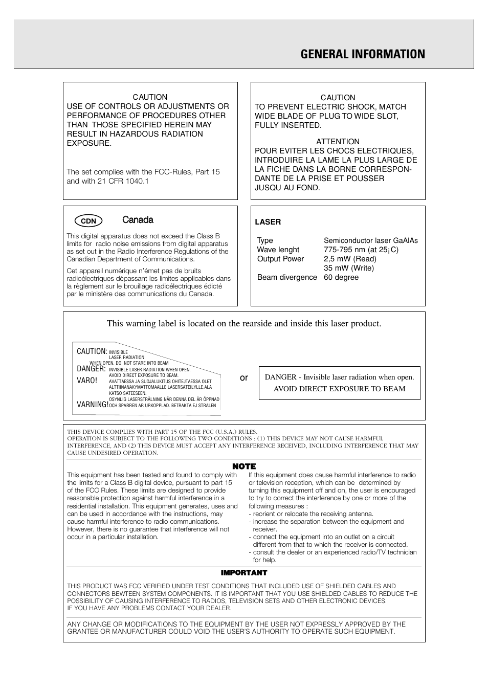 General information, Cca an na ad da a | Philips CDR760BK User Manual | Page 4 / 54