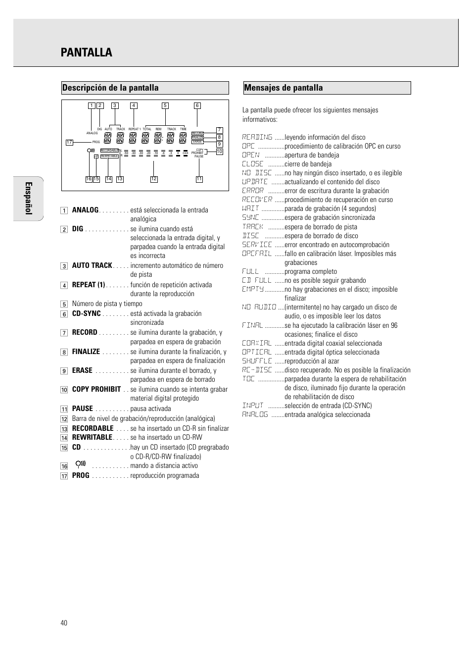 Pantalla, Enspañol, Mensajes de pantalla | Descripción de la pantalla | Philips CDR760BK User Manual | Page 42 / 54