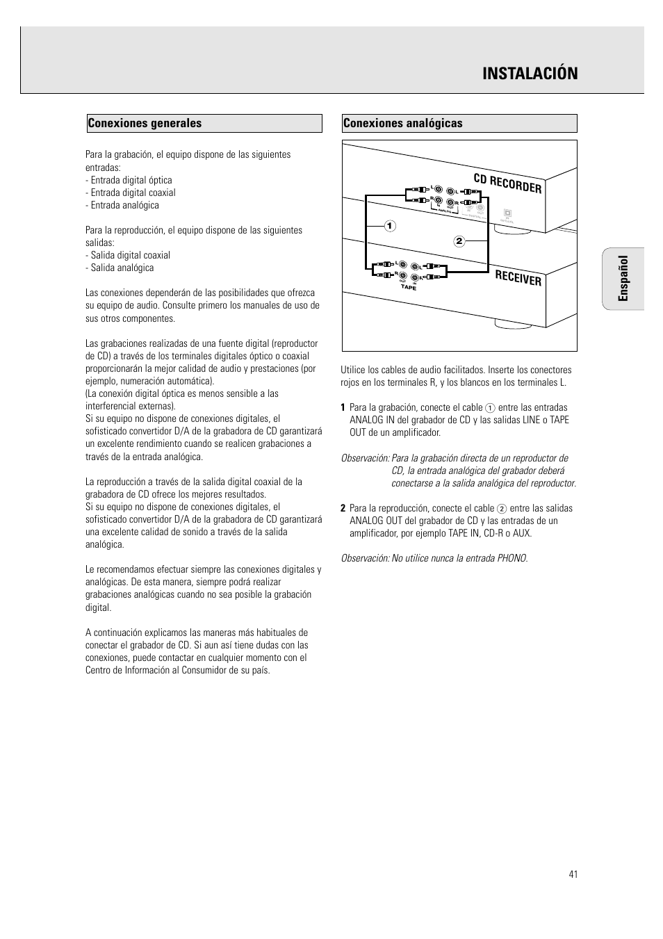 Instalación, Enspañol, Conexiones analógicas conexiones generales | Receiver cd recorder | Philips CDR760BK User Manual | Page 43 / 54