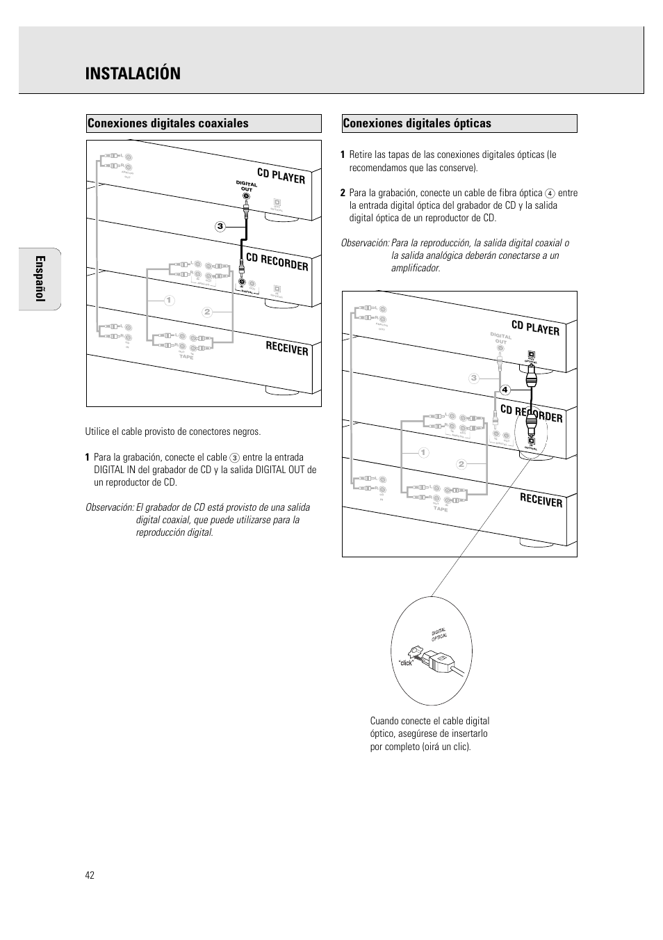 Instalación, Enspañol, Conexiones digitales ópticas | Conexiones digitales coaxiales, Receiver cd recorder cd pla yer | Philips CDR760BK User Manual | Page 44 / 54