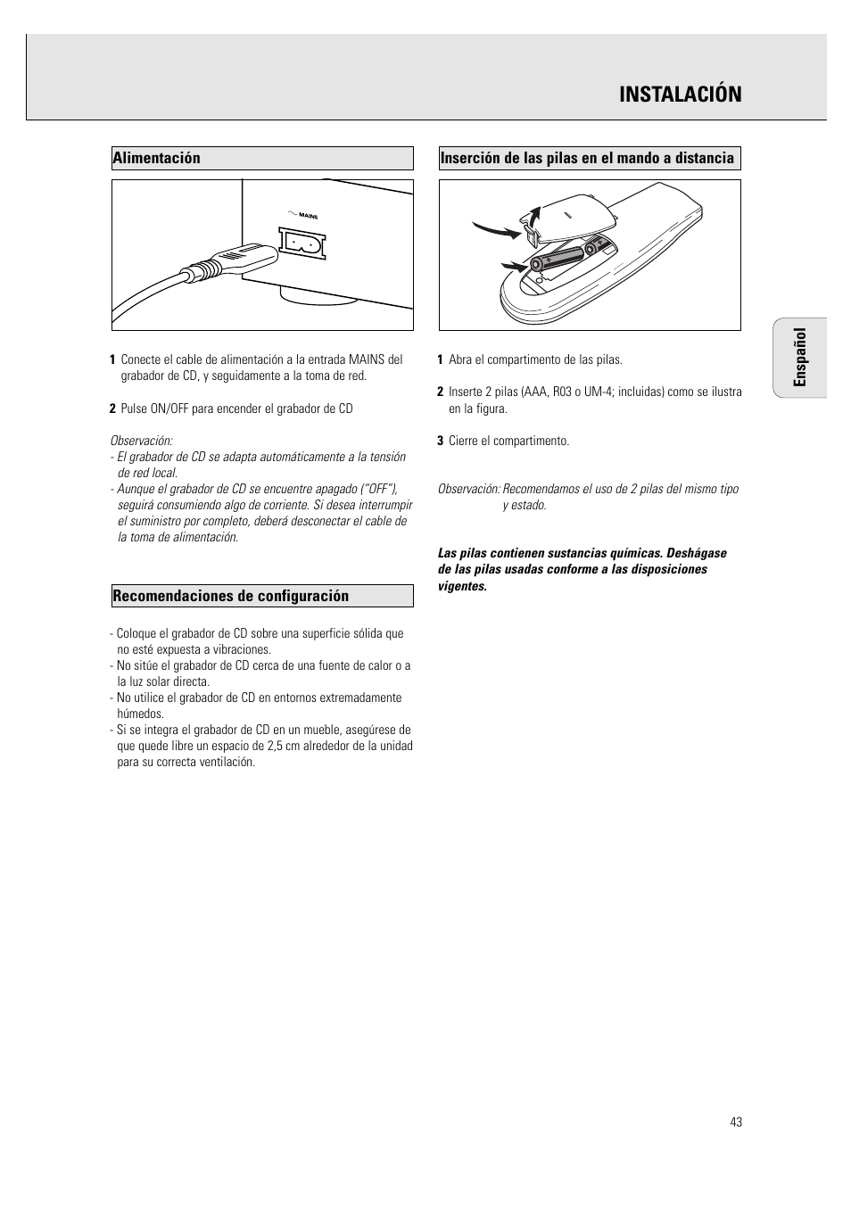 Instalación | Philips CDR760BK User Manual | Page 45 / 54