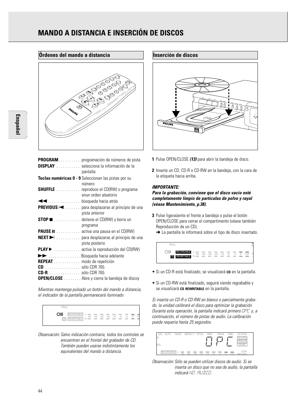 Mando a distancia e inserción de discos, Enspañol, Inserción de discos | Órdenes del mando a distancia | Philips CDR760BK User Manual | Page 46 / 54