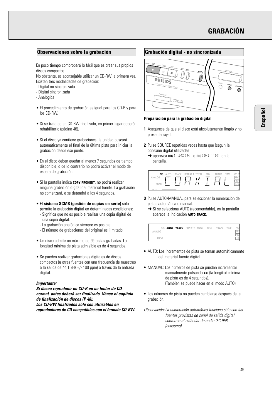 Grabación, Coaxial o | Philips CDR760BK User Manual | Page 47 / 54