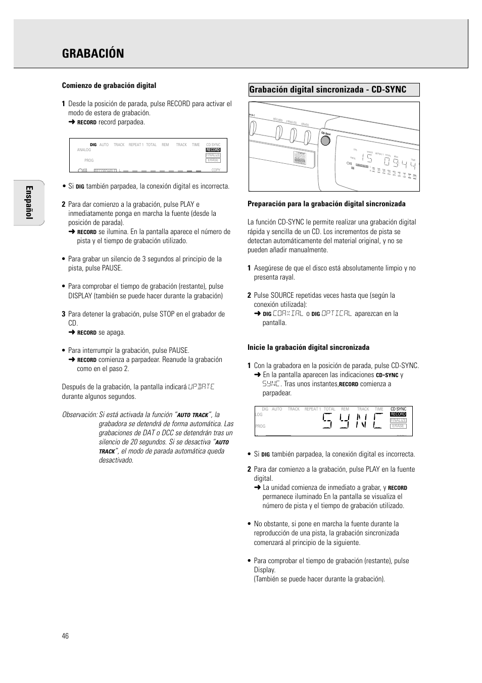 Grabación, Grabación digital sincronizada - cd-sync, Enspañol | Record parpadea. • si, Coaxial o, Ysync. tras unos instantes, Comienza a parpadear. • si | Philips CDR760BK User Manual | Page 48 / 54