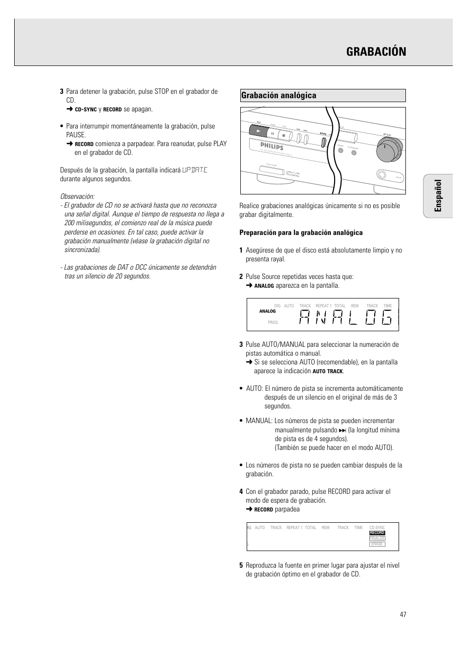 Grabación, Grabación analógica enspañol | Philips CDR760BK User Manual | Page 49 / 54