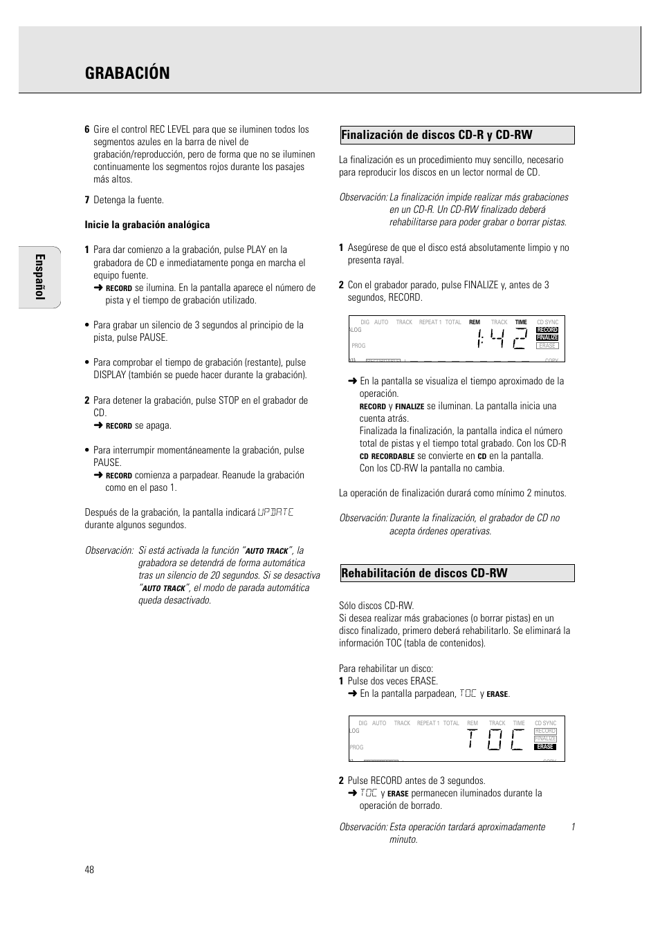 Grabación, Rehabilitación de discos cd-rw, Finalización de discos cd-r y cd-rw enspañol | Philips CDR760BK User Manual | Page 50 / 54