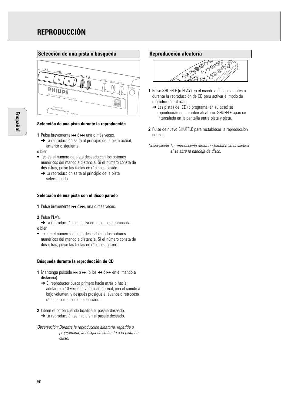 Reproducción, Enspañol, Reproducción aleatoria | Selección de una pista o búsqueda | Philips CDR760BK User Manual | Page 52 / 54