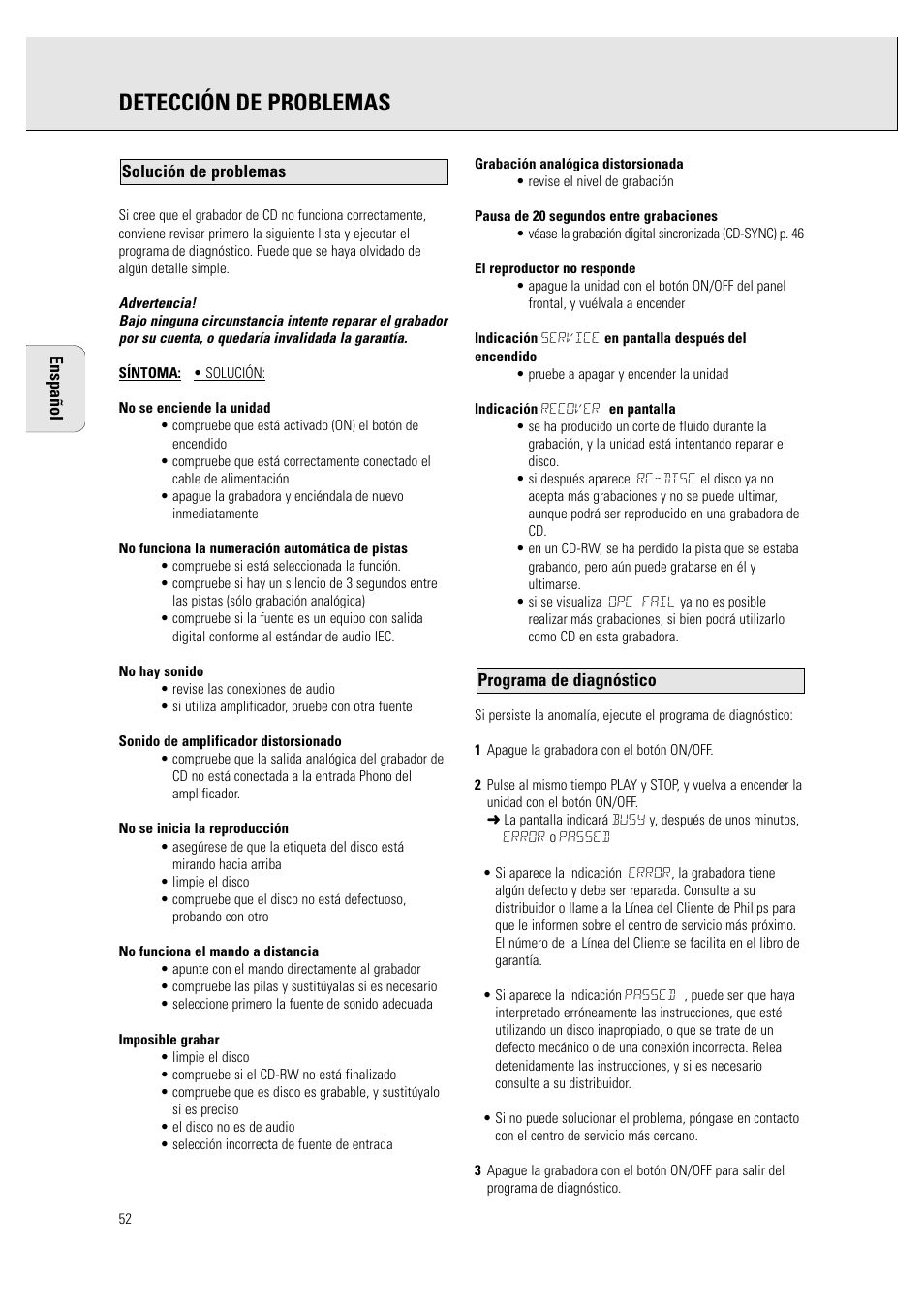 Detección de problemas | Philips CDR760BK User Manual | Page 54 / 54