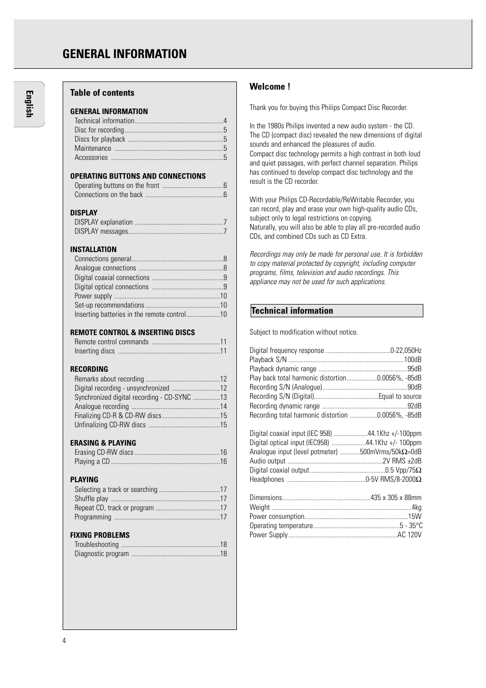 General information | Philips CDR760BK User Manual | Page 6 / 54