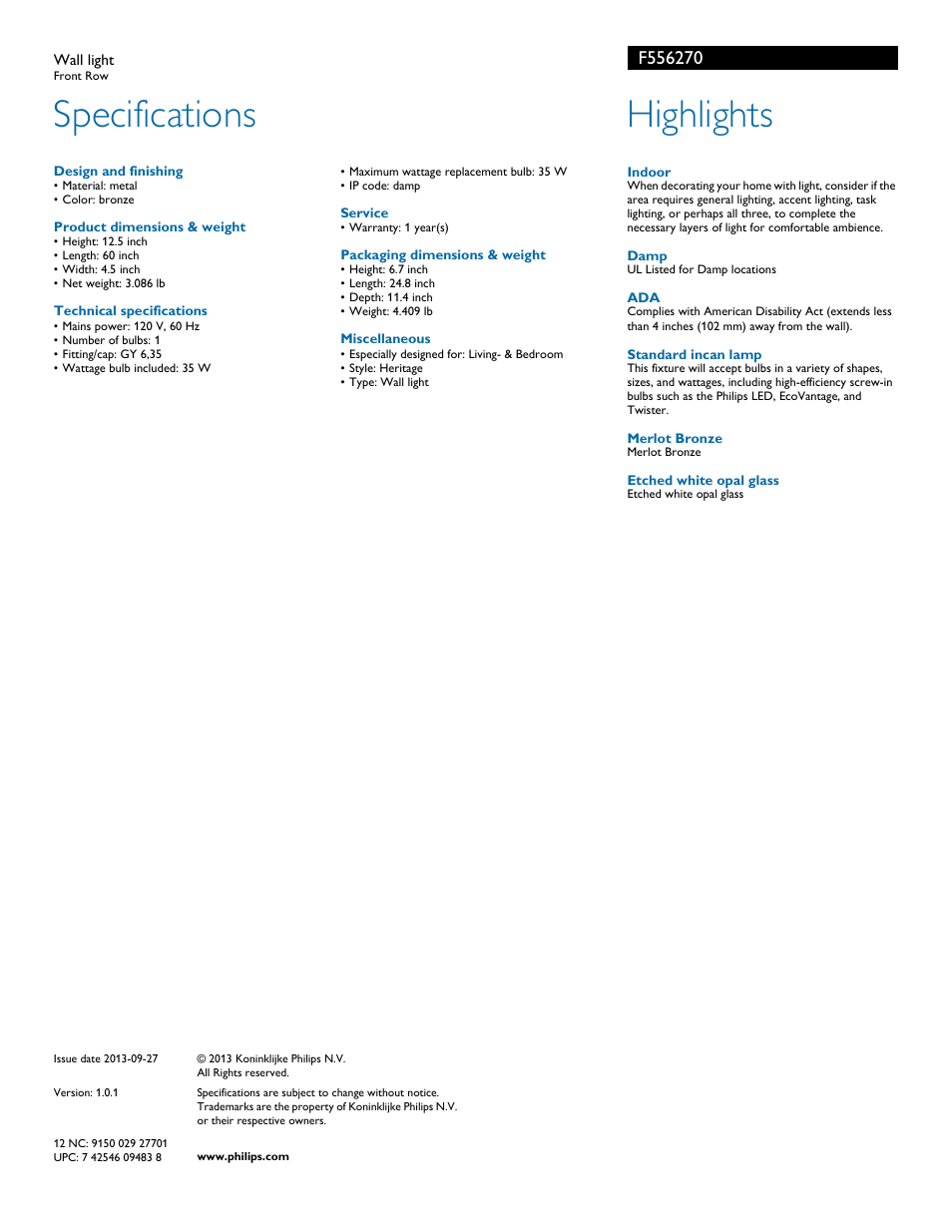 Specifications, Highlights | Philips F556270 User Manual | Page 2 / 2