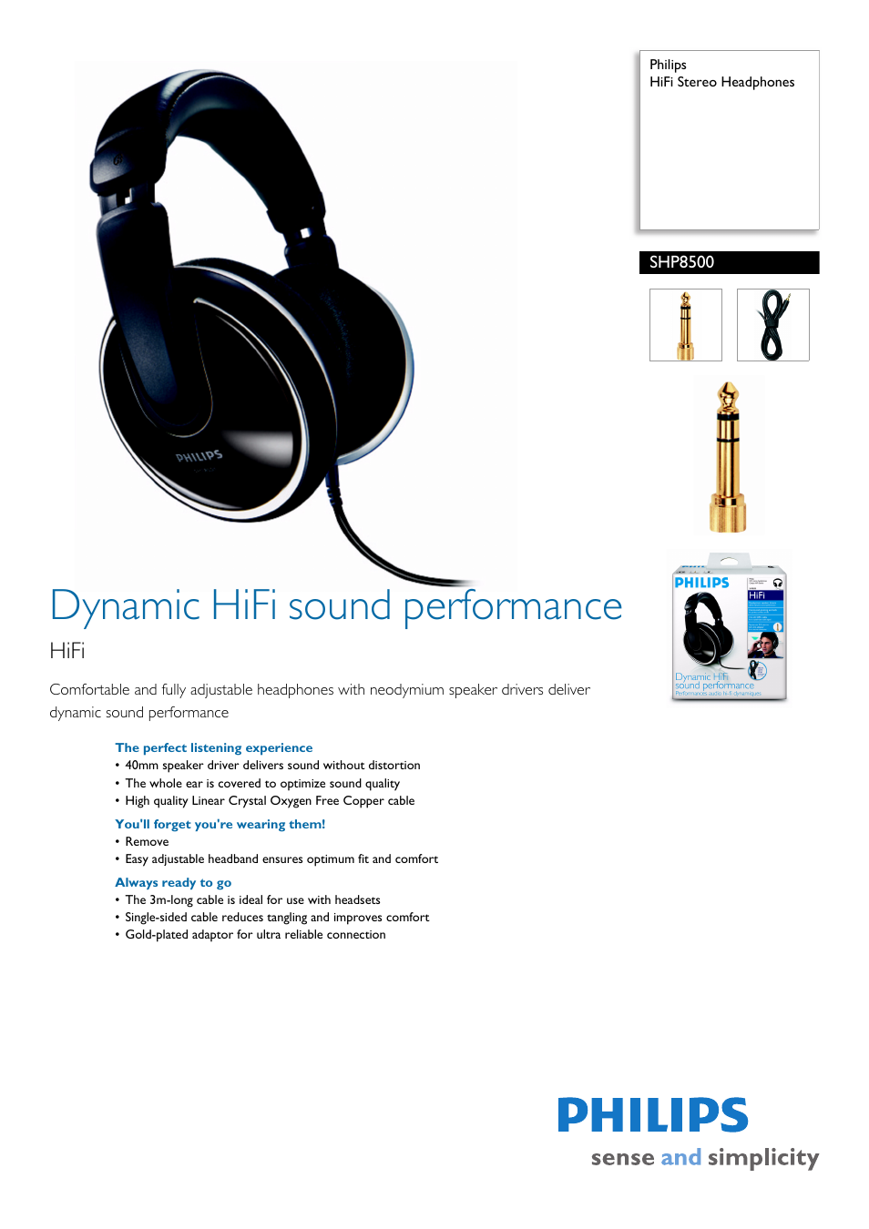 Philips HiFi Stereo Headphones SHP8500 User Manual | 2 pages