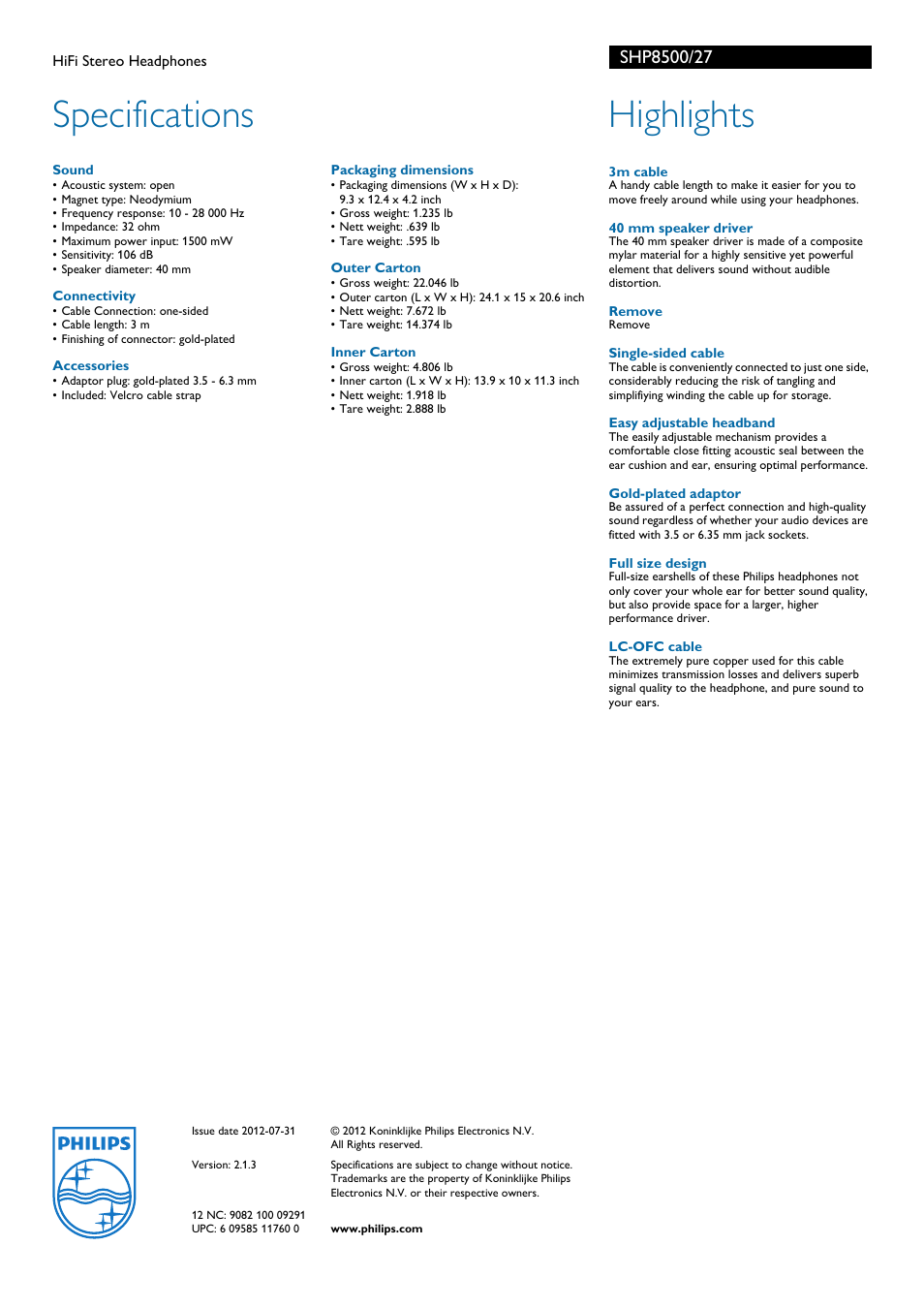 Specifications, Highlights | Philips HiFi Stereo Headphones SHP8500 User Manual | Page 2 / 2