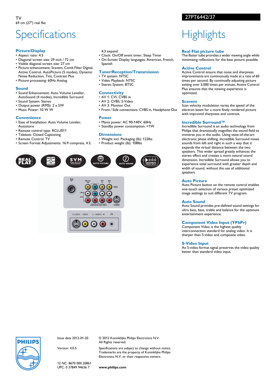 Specifications, Highlights | Philips 27PT6442-37 User Manual | Page 2 / 2