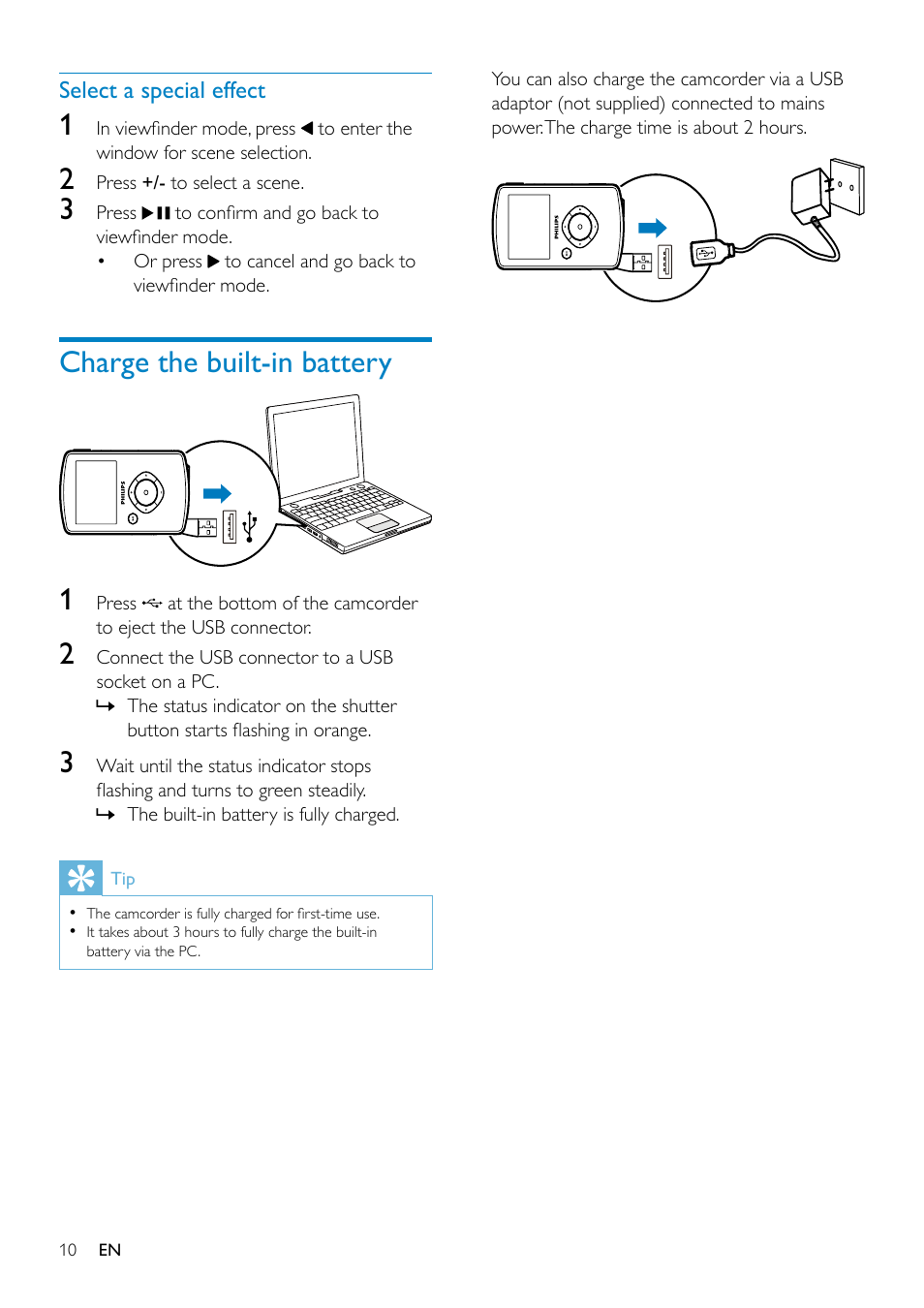 Charge the built-in battery | Philips CAM102SB-00 User Manual | Page 10 / 19