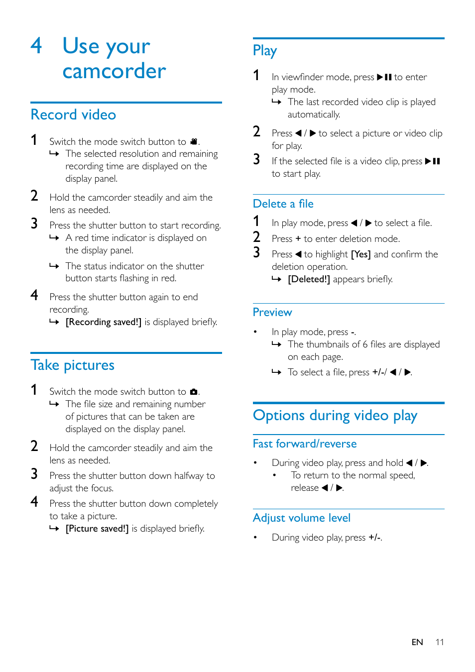 4 use your camcorder, Record video, Take pictures | Play, Options during video play, 4 use your camcorder 11, Play 1, Record video 1, Take pictures 1 | Philips CAM102SB-00 User Manual | Page 11 / 19