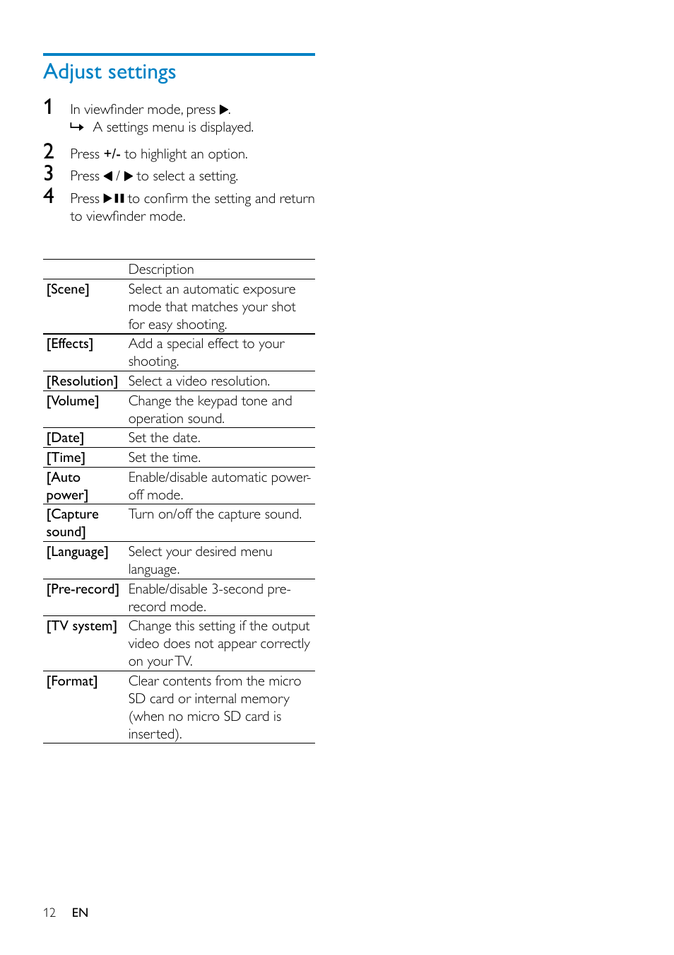 Adjust settings, Adjust settings 1 | Philips CAM102SB-00 User Manual | Page 12 / 19