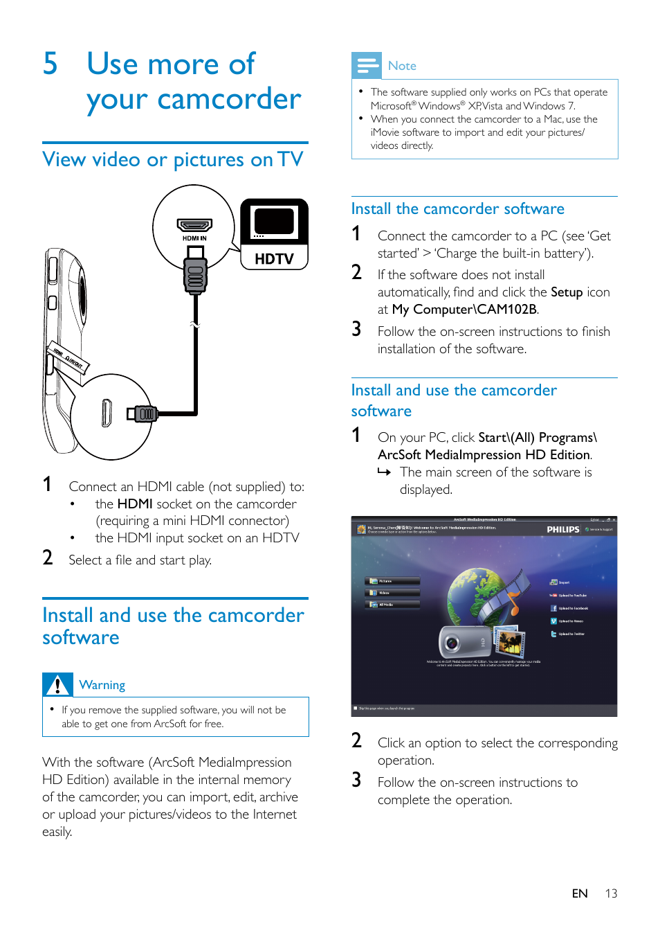 5 use more of your camcorder, View video or pictures on tv, Install and use the camcorder software | 5 use more of your camcorder 13 | Philips CAM102SB-00 User Manual | Page 13 / 19