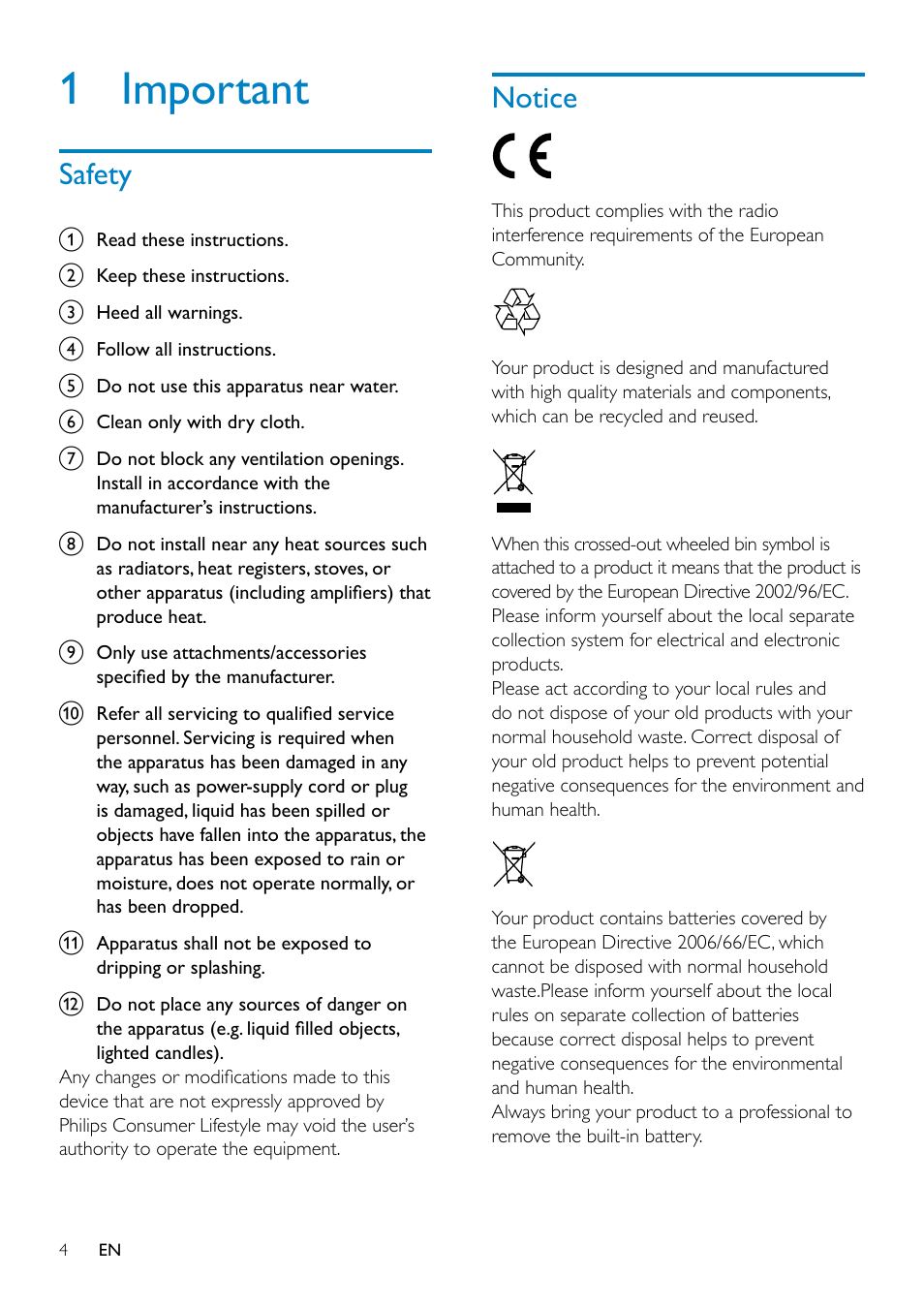 1 important, Safety, Notice | 1 important 4 | Philips CAM102SB-00 User Manual | Page 4 / 19