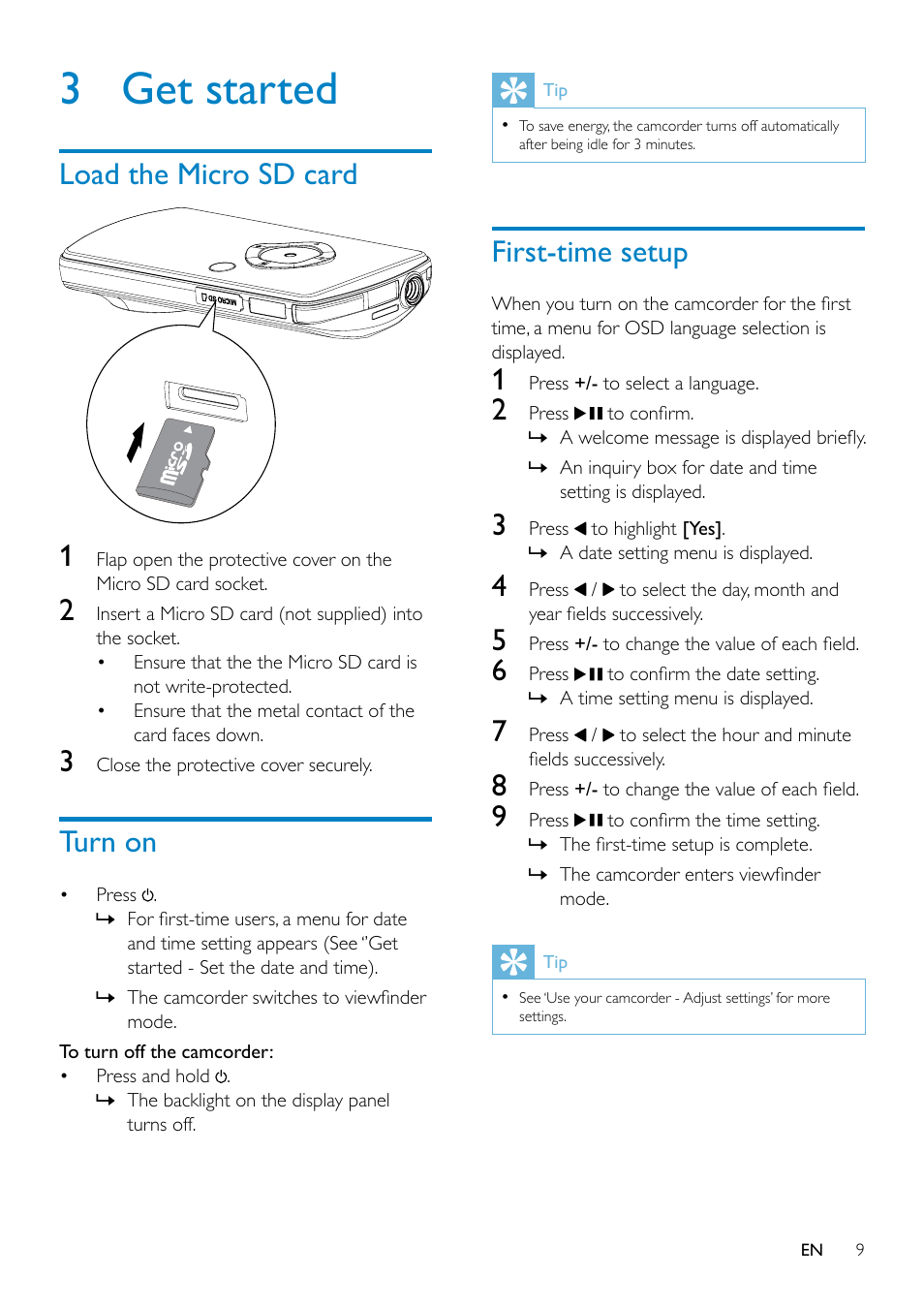 3 get started, Load the micro sd card, Turn on | First-time setup, 3 get started 9 | Philips CAM102SB-00 User Manual | Page 9 / 19