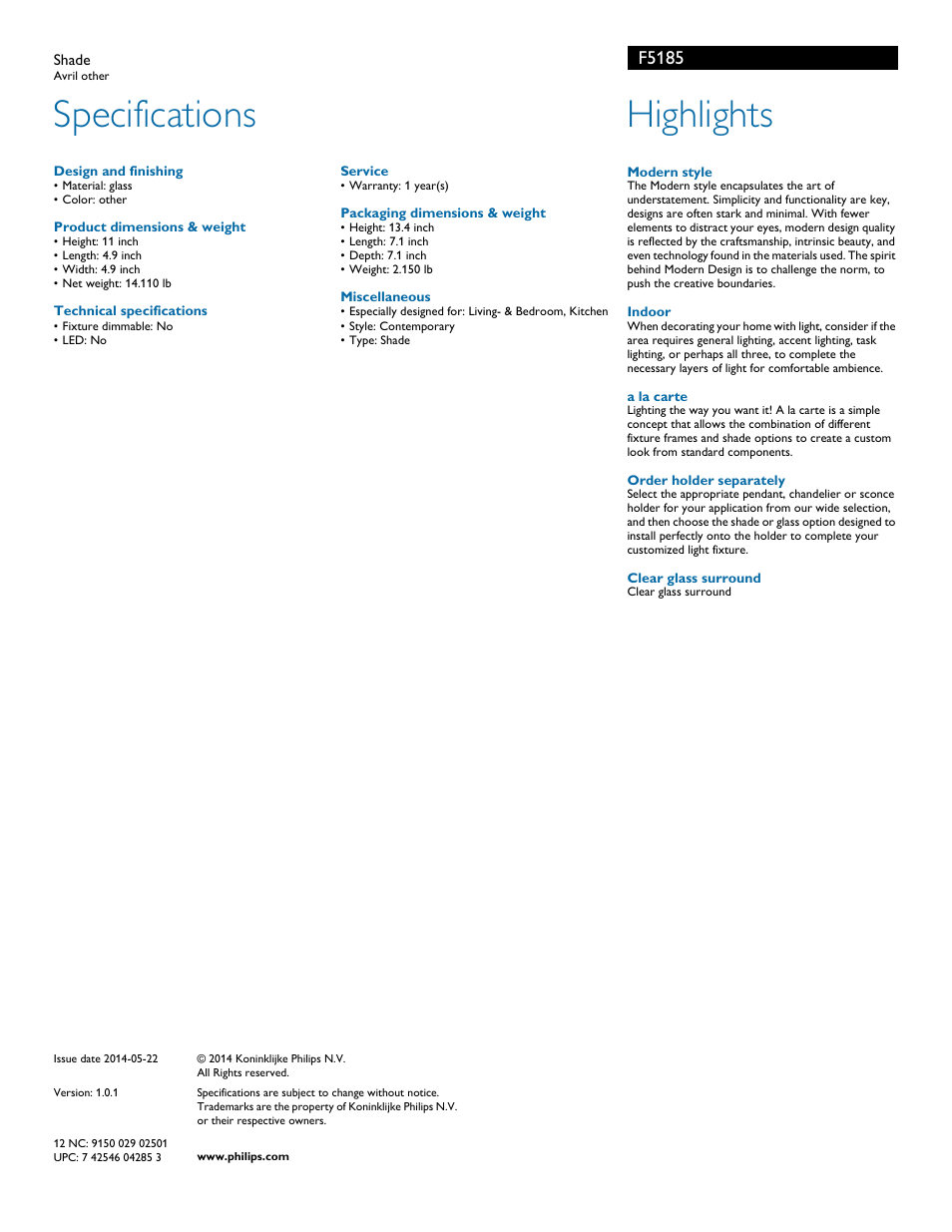 Specifications, Highlights, F5185 | Philips F5185 User Manual | Page 2 / 2