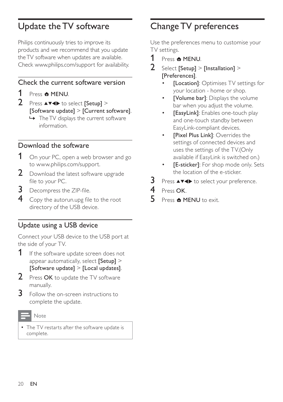 Change tv preferences, Update the tv software | Philips 32PFL3605-12 User Manual | Page 22 / 43