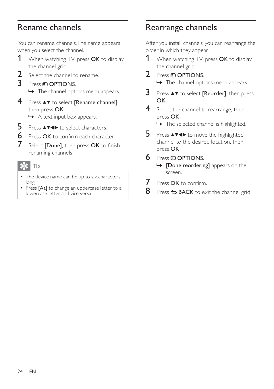 Rearrange channels, Rename channels | Philips 32PFL3605-12 User Manual | Page 26 / 43