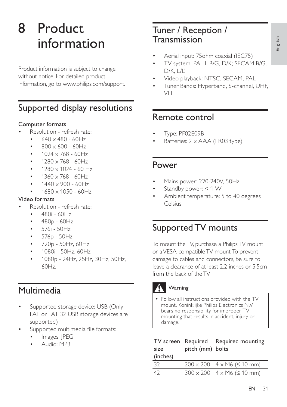 8 product information, Tuner / reception / transmission, Remote control | Power, Supported tv mounts, Supported display resolutions, Multimedia | Philips 32PFL3605-12 User Manual | Page 33 / 43