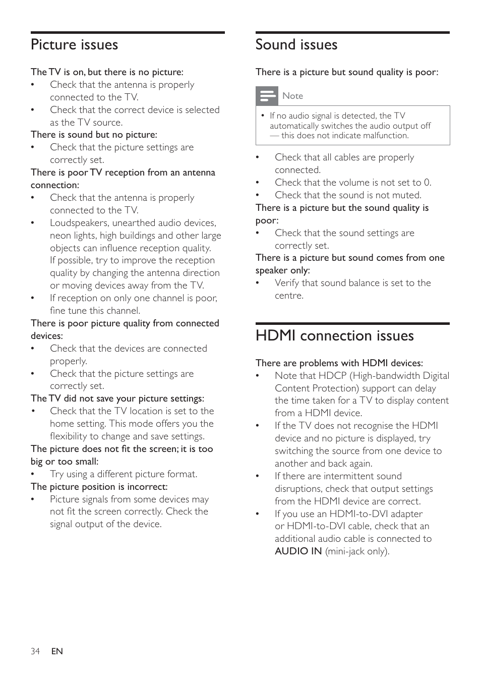 Sound issues, Hdmi connection issues, Picture issues | Philips 32PFL3605-12 User Manual | Page 36 / 43