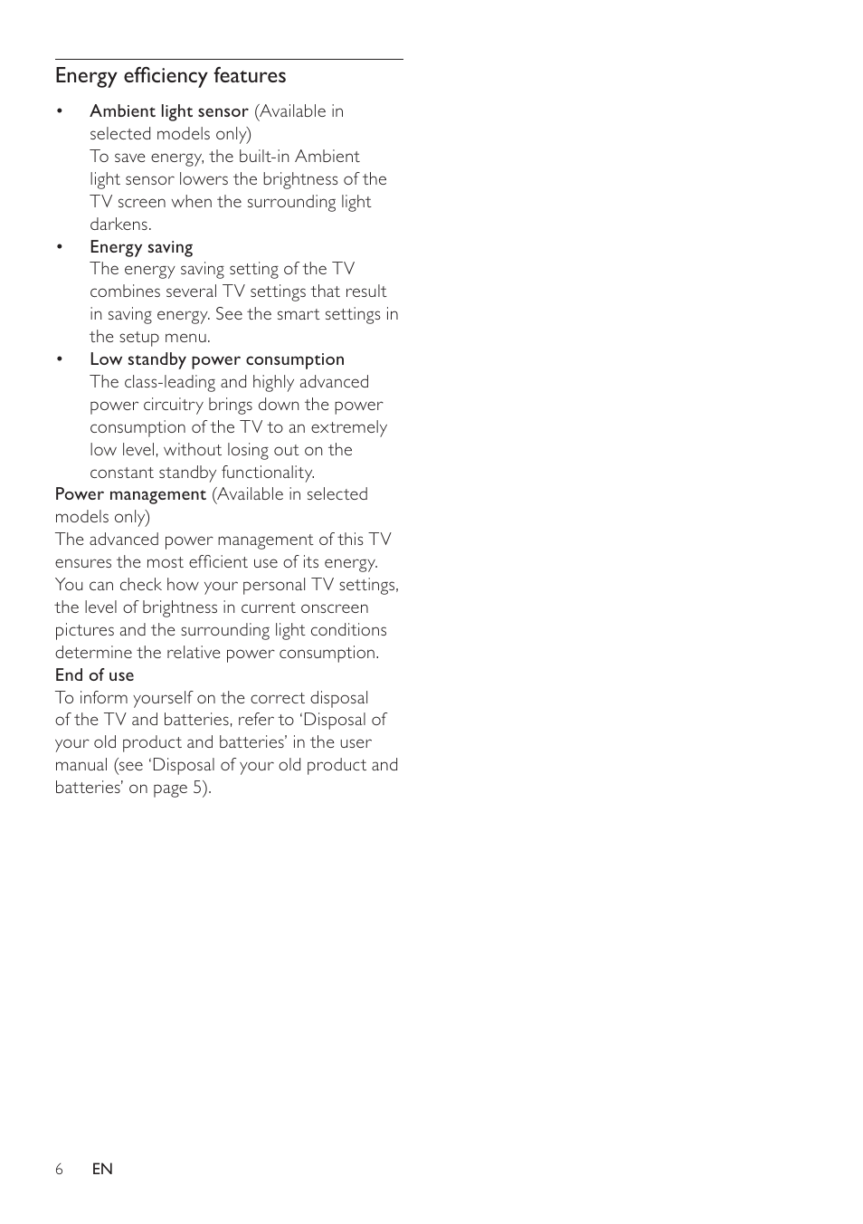 Energy efﬁciency features | Philips 32PFL3605-12 User Manual | Page 8 / 43