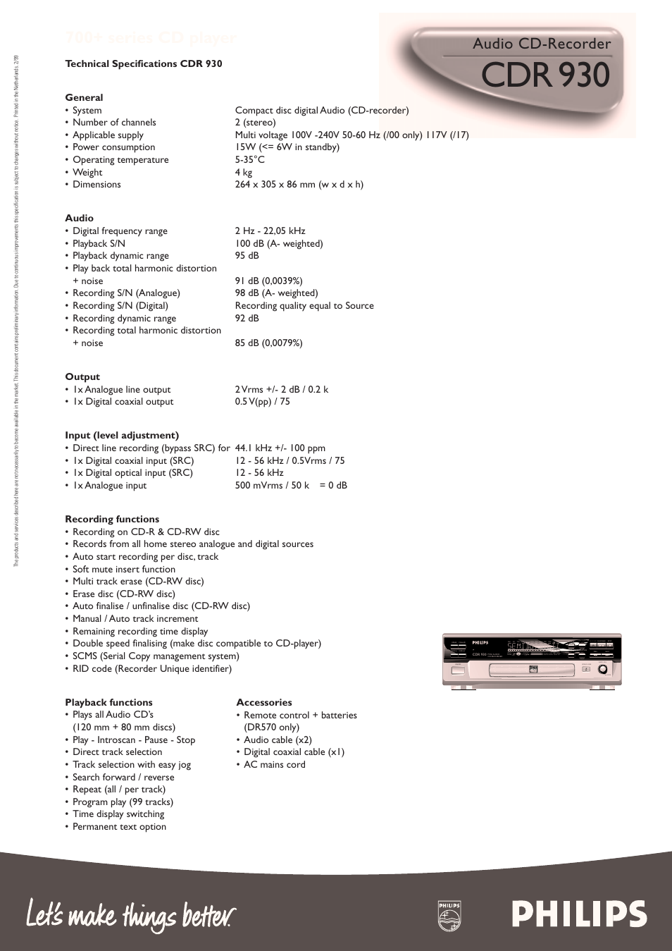 Cdr 930, 700+ series cd player, Audio cd-recorder | Enter, Recordable | Philips CDR9301798 User Manual | Page 2 / 2