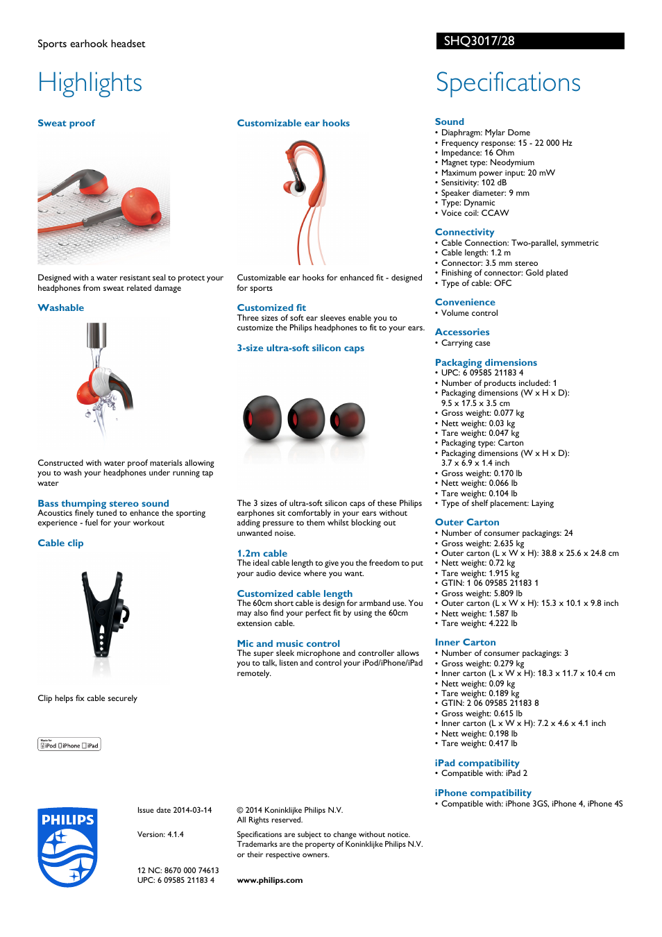 Highlights, Specifications | Philips SHQ3017-28 User Manual | Page 2 / 2