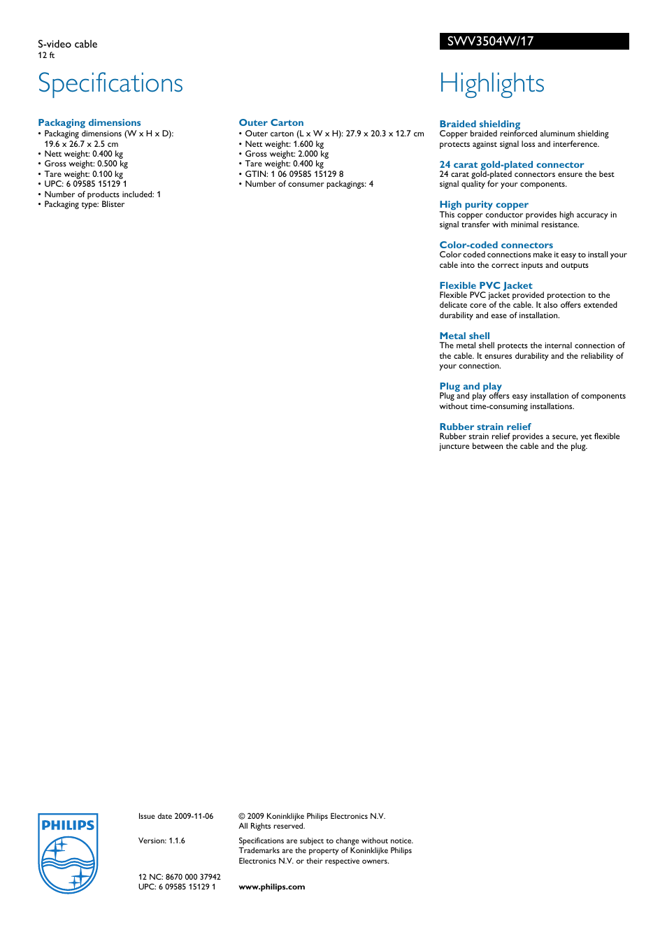 Specifications, Highlights | Philips SWV3504W-17 User Manual | Page 2 / 2