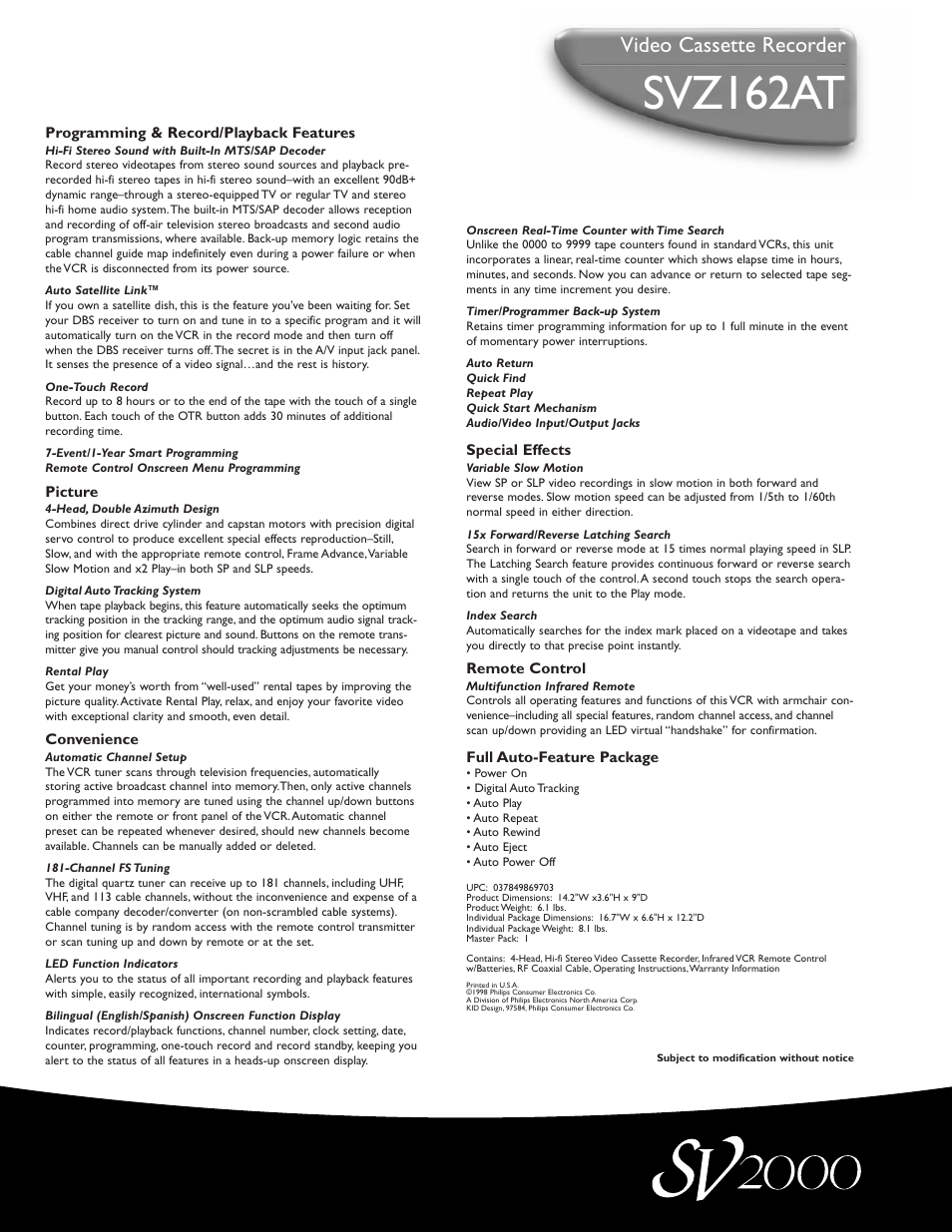 Svz162at, Video cassette recorder | Philips SVZ162AT User Manual | Page 2 / 2