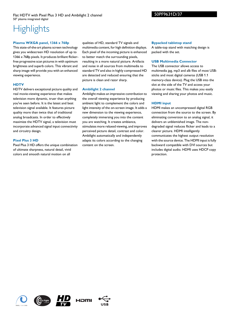 Highlights | Philips 50PF9631D-37 User Manual | Page 2 / 3