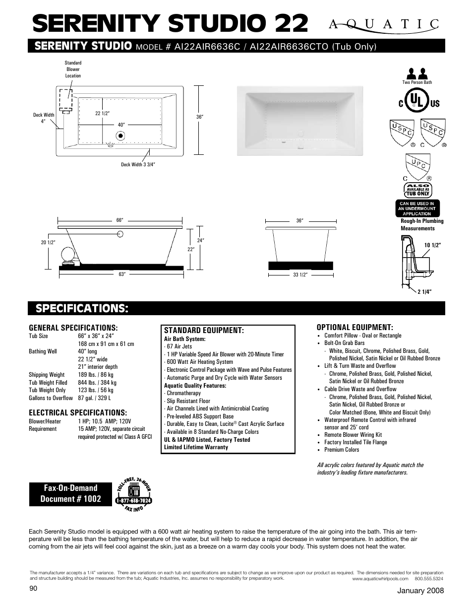Aquatic SERENITY STUDIO 22 AI22AIR6636C User Manual | 1 page