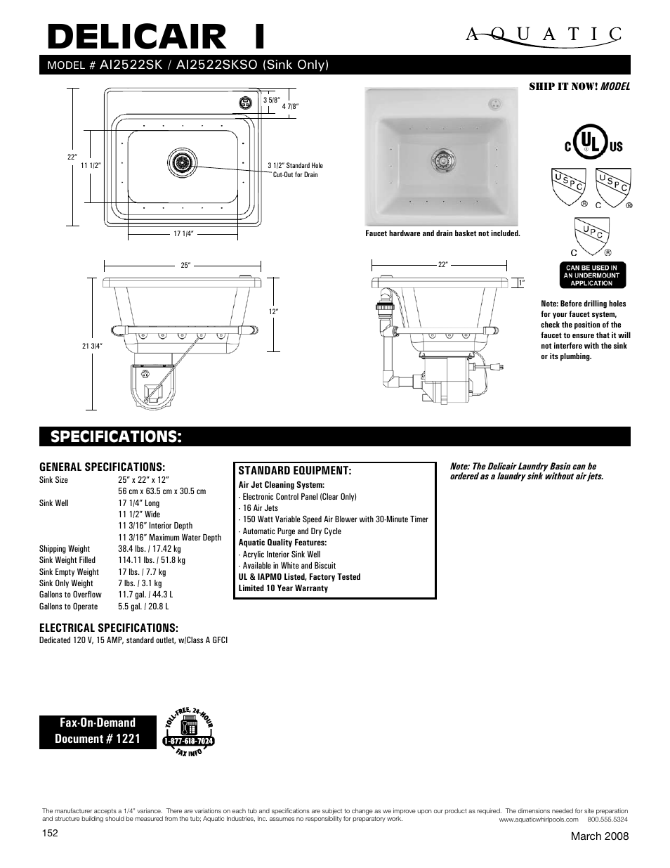 Aquatic AI2522SK User Manual | 1 page