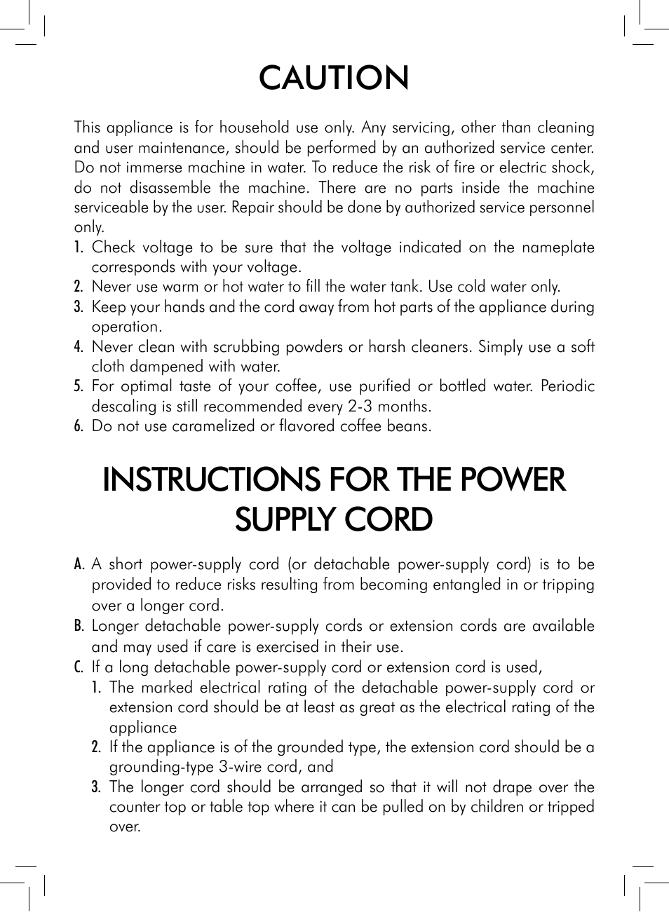 Caution, Instructions for the power supply cord | Philips HD8752-87 User Manual | Page 3 / 64