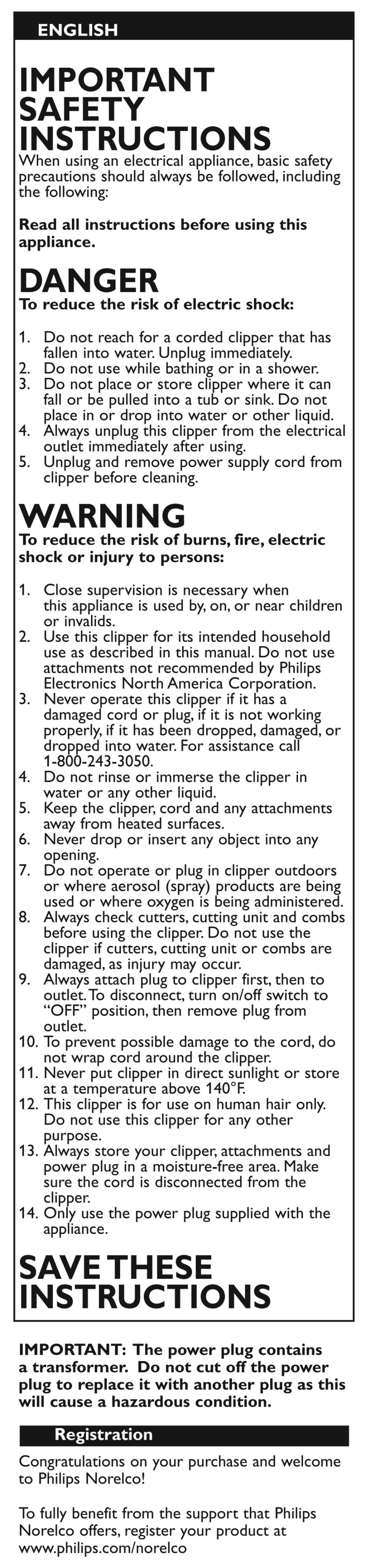 English, Important, Safety | Instructions, Read all instructions before using this appliance, Danger, Warning, To reduce the risk of burns, fire, electric, Savethese instructions, Registration | Philips QC5510-65 User Manual | Page 2 / 8