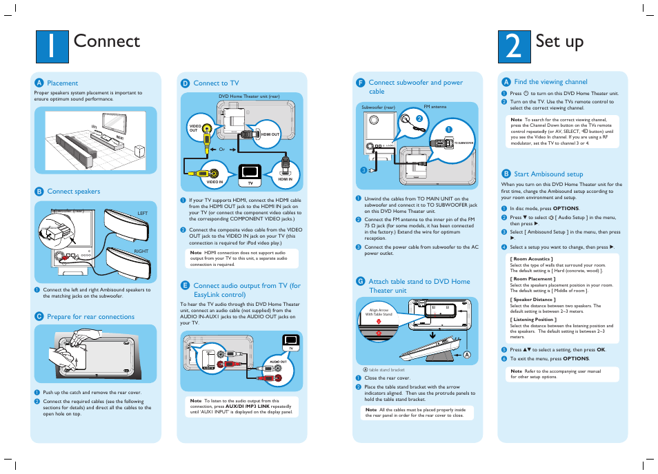 Connect, Set up, Align arrow with table stand | Philips HTS6515D-37B User Manual | Page 2 / 2