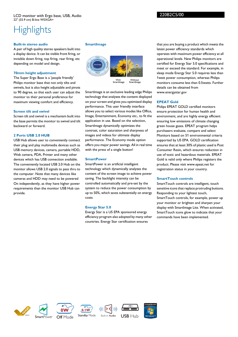 Highlights | Philips 220B2CS-00 User Manual | Page 2 / 3